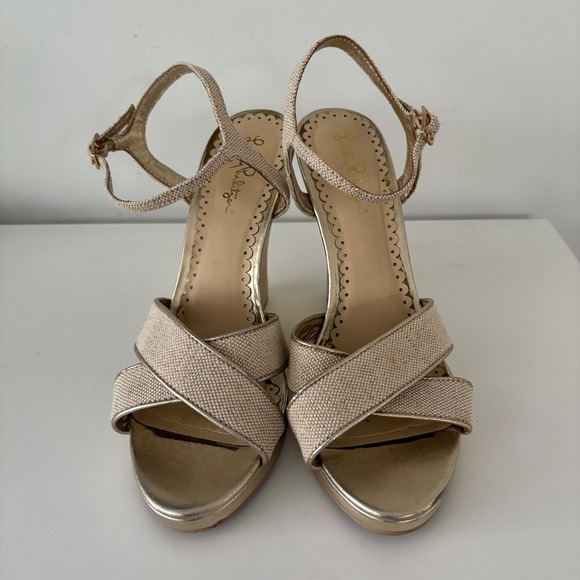 Lilly‎ Pulitzer Women's Gold Champagne Wedge Sandals Size 9 Espadrille Heels - Picture 1 of 5